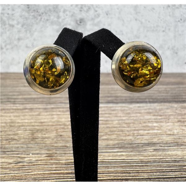 Sterling Silver Green Amber Dome Earrings