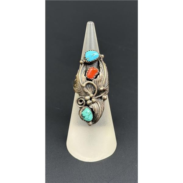 Navajo Sterling Silver Turquoise Coral Ring