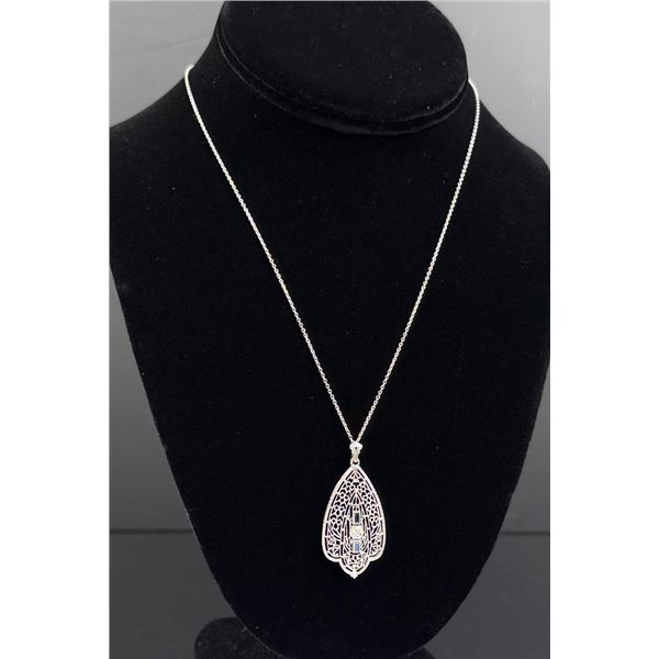 14k White Gold Filigree Diamond Sapphire Necklace