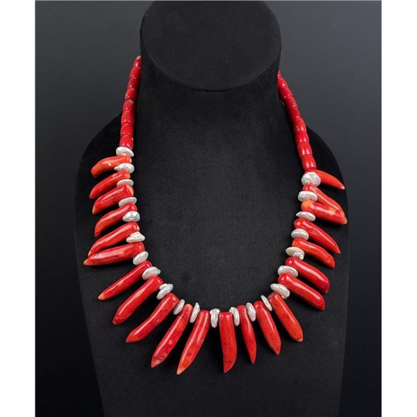 Navajo Branch Coral and Pearl Necklace