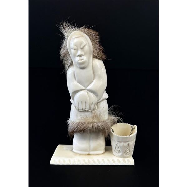Russian Inuit Carved Ivory Woman with Bucket