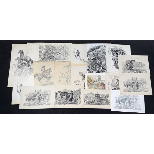 Collection of Antique Cowboy Prints Drawings