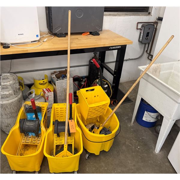 Qty 3 Yellow Mop Buckets w/ Wringers & Mops