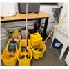 Image 1 : Qty 3 Yellow Mop Buckets w/ Wringers & Mops