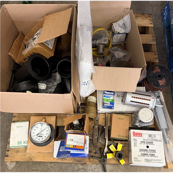 Contents of Pallet: Oatey Pipe Guard, Wire, Pipe Fittings, Trerice Pressure Guage, Capillary Tubes, 