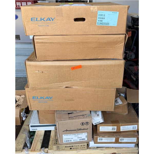 Contents of Pallet: Elkay & Dayton Sinks, Toilet Seats, Shroud, Pipe Fittings, etc