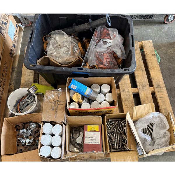 Contents of Pallet: Swivel Ring Pipe Hangers, Primer, Beam Clamps, Hardware, etc