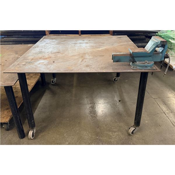 Metal Table on Wheels w/ Attached Bench Vise 48" x 48" x 29"H