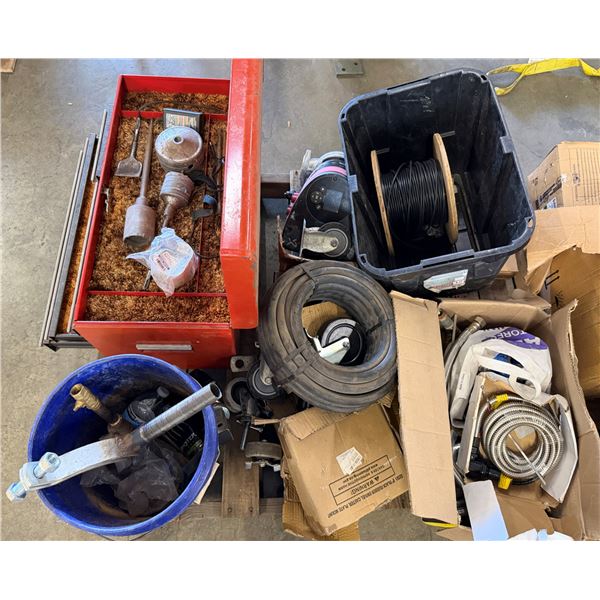 Contents of Pallet:  Toolbox w/ Tools, Hoses & Cable, Casters, Hardware, etc