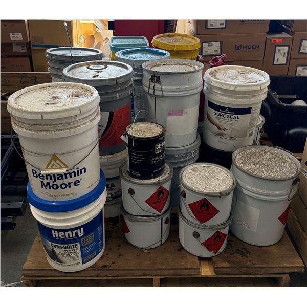 Multiple Pails Sure Seal, Dura-Brite Roof Coating, Paint, Cat Litter, Gas Can, etc