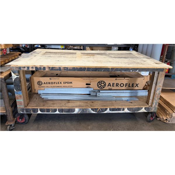 Warehouse Rolling Table 82" x 48" x 40"H & Contents: Alerflex EPDM Insulation, Metal Bars, Duct Hose