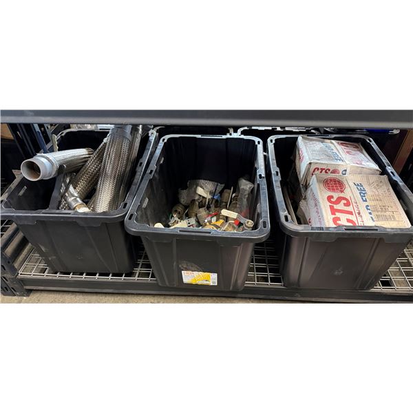 Qty 3 Bins CTS Flanges, Nibco Ball Valves, Braided Metal Hose Parts, etc