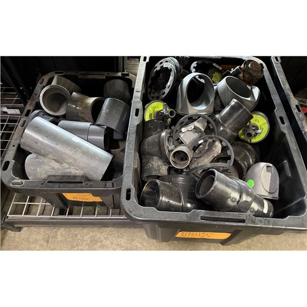 Qty 2 Bins Pipe Fittings, Reducing T's, Y's, Connectors, Clamps, etc