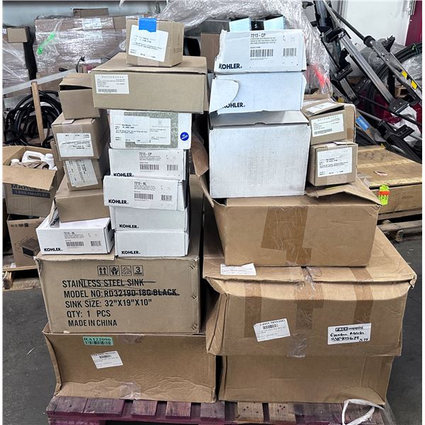 Multiple Boxes Kohler Bath Drains, Control Valves, CECO Single Bowl Undermount Kitchen Sink Kits, et