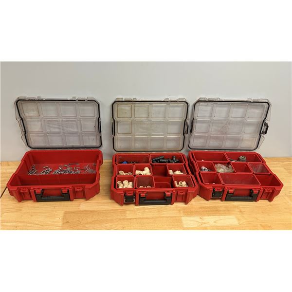 Qty 3 Stackable Organizers & Contents:  Pipe Fittings, Hardware, etc
