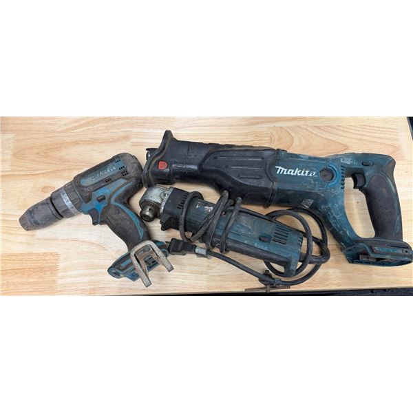 Multiple Makita Tools: Hammer Drill/Driver, Right Angle Drill & Reciprocating Saw
