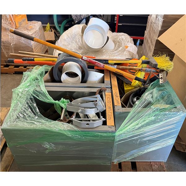 Contents of Pallet: PVC Pipe Fittings, Metal Riser Clamps, Shovels & Landscape Tools, Safety Signs, 