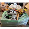 Image 1 : Contents of Pallet: PVC Pipe Fittings, Metal Riser Clamps, Shovels & Landscape Tools, Safety Signs, 