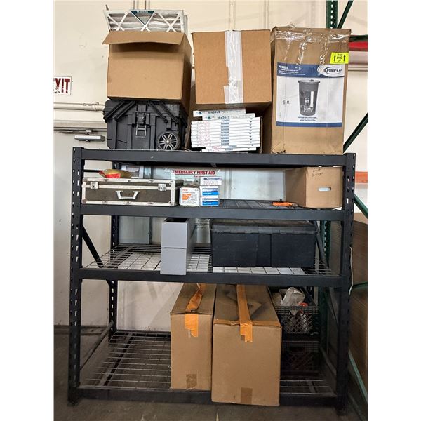 Metal Warehouse Shelving Unit & Contents: ProFlo Sewage Pump Kit, Purolator Filters, Rolling Bin, et