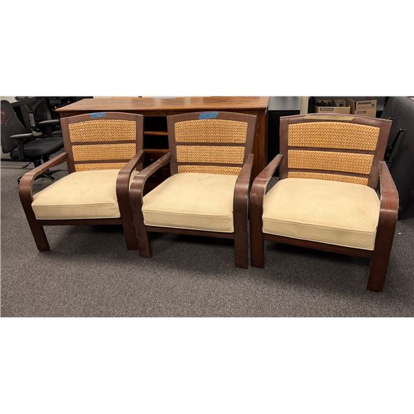 Qty 3 Wooden Armchairs w/ Upholstered Seats & Woven Backs 32" x 27" x 34"H