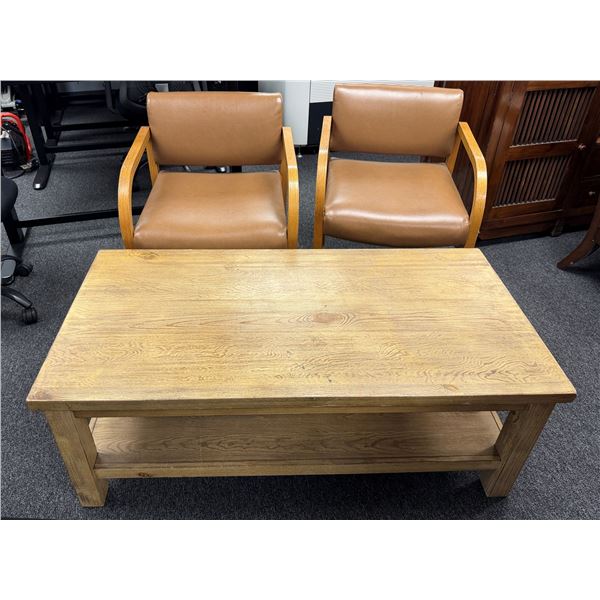 Qty 2 Wooden Armchairs w/ Upholstered Seats 20" x 20" x 30"H & Backs w/ Wooden Table 48" x 24"