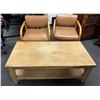 Image 1 : Qty 2 Wooden Armchairs w/ Upholstered Seats 20" x 20" x 30"H & Backs w/ Wooden Table 48" x 24"