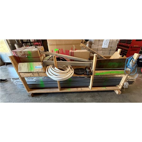 Wooden Crate w/ Vision Auto Lamps, Armstrong Flooring, Metal Channels, Struts, Rods, Hose,  etc