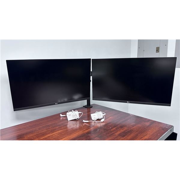 Qty 2 LG 27MN60T-W Monitors Mounted on Black Dual Monitor Stand 27" (each)