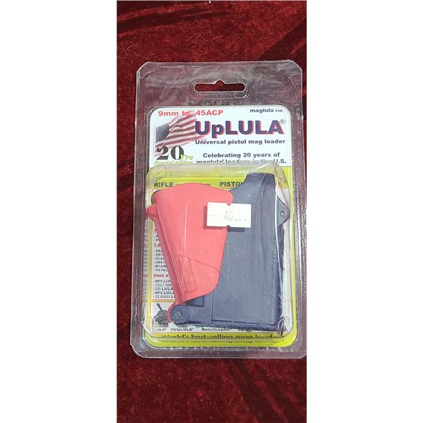 UPULA UNIVERSAL PISTOL MAG LOADER. LOADS AND EASY UNLOADS ALL 9MM, .357, 10MM, .40 AND ,45 CAL MAGS