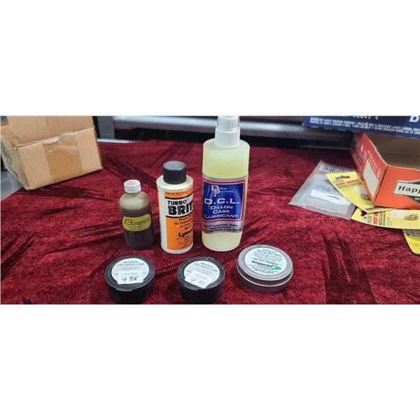 LOT OF RELOADING LUBRICANTS AND BRASS CLEANER -IMPERIAL DRY NECK LUBE/SIZING DIE WAX PLEASE SEE IMAG