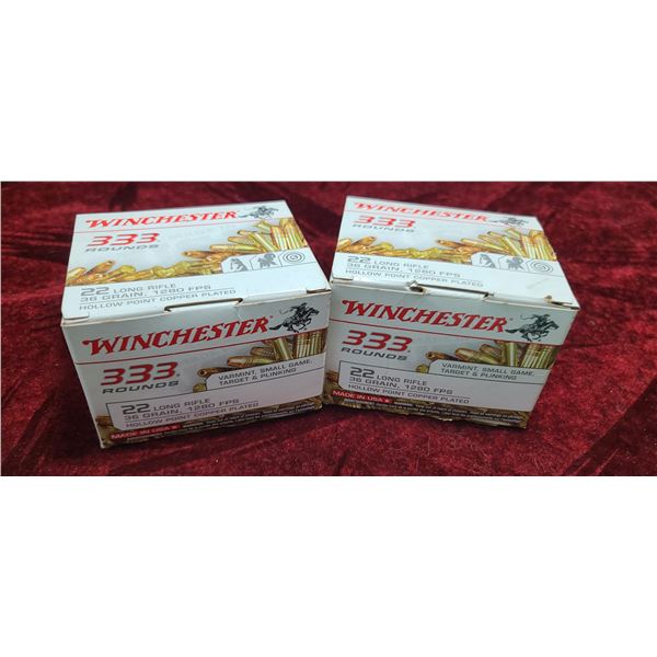 TWO BOXES OF WINCHESTER 22 LONG RIFLE 36 GR HOLLOW POINT EACH BOX 333 ROUNDS