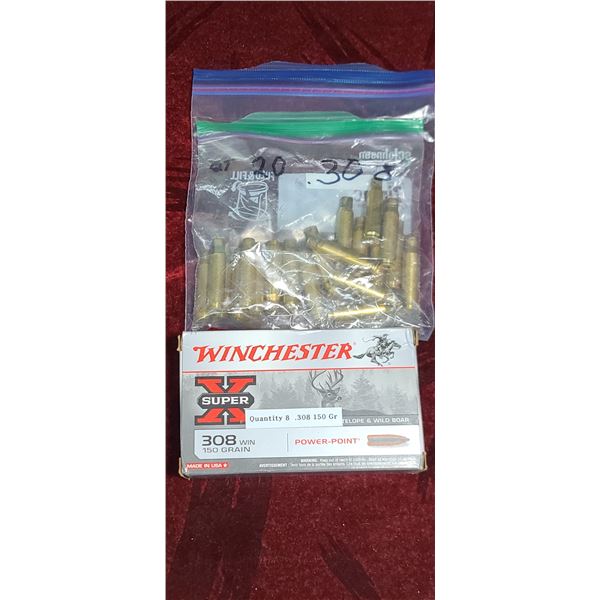 EIGHT ROUNDS OF 308 WIN 150 GR PP AND 20 .308 BRASS