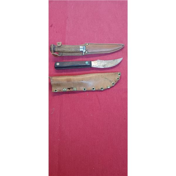 TWO KNIVES WITH LEATHER SHEATHS NO MARKINGS