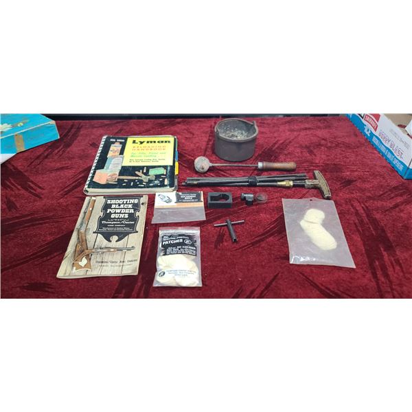 LOT OF MUZZLELOADING BLACK POWDER ITEMS INCLUDING BREECH PLUG KEY MINNKOTA COMPANY CLEANING ROD 45 O