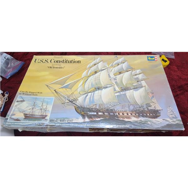 U.S.S CONSTITUTION "OLD IRONSIDES" REVELL MODEL KIT. SAILS HAVE BEEN INDENTED AND HULL OF THIS MODEL