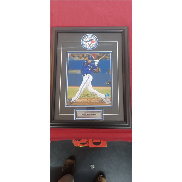 BLUE JAYS JOSE BAUTISTA 14 INCH X 18 INCH FRAMED SIGNED PRINT AND WHITE JERSEY