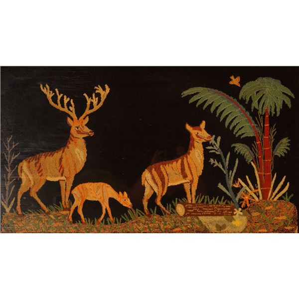Wool Needlework Shadow Box Deer Family in Palm Tree Forest
