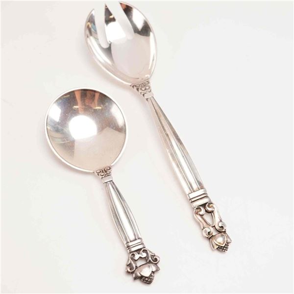 2pc George Jensen Sterling Silver Sugar Spoon and Spork, Acorn