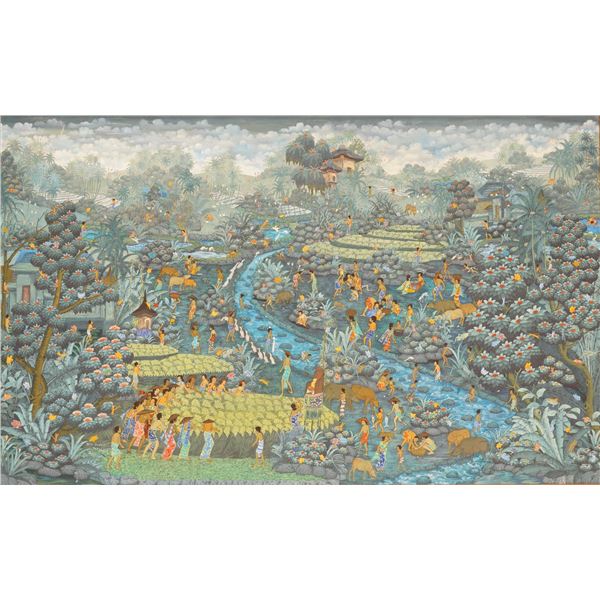 M.D. Pancir, Balinese Painting, Harvest & River Village Scene, Signed