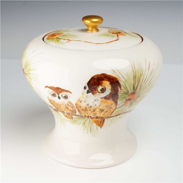 Lenox Belleek Hand Painted Porcelain Lidded Jar with Owls