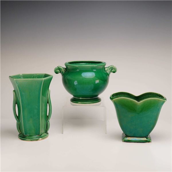 Three-Piece McCoy Green Glazed Pottery Grouping Including Two Vases and a Cachepot