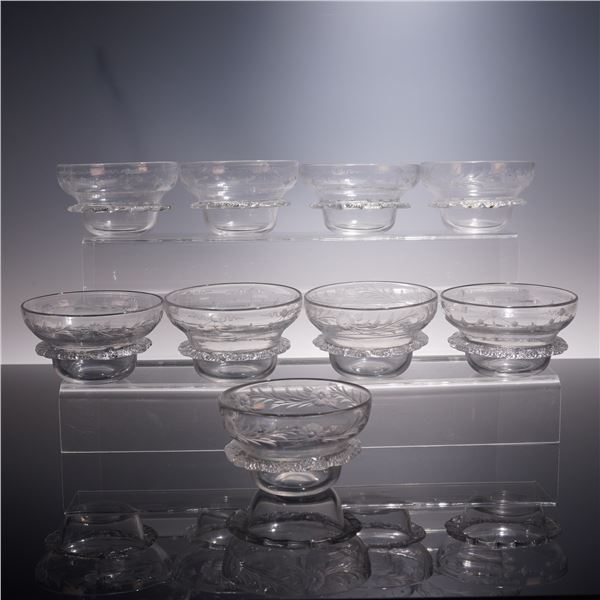 9pc Vintage Etched Glass Dessert Bowls