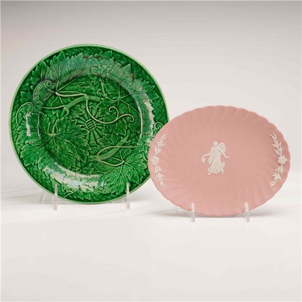 Two-Piece Wedgwood Plates including Pink and White Jasperware Oval Dish and Green Majolica Leaf Plat