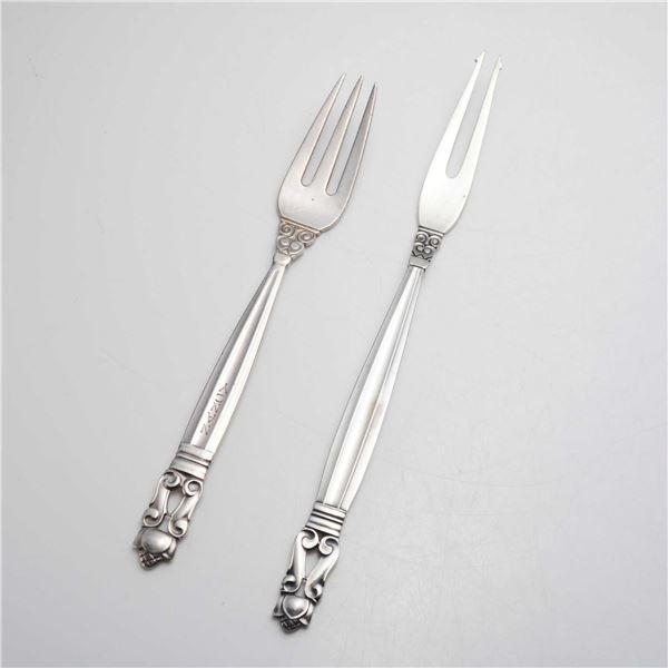 2pc George Jensen Sterling Silver Fruit Fork and Cold Cut Serving Fork, Acorn