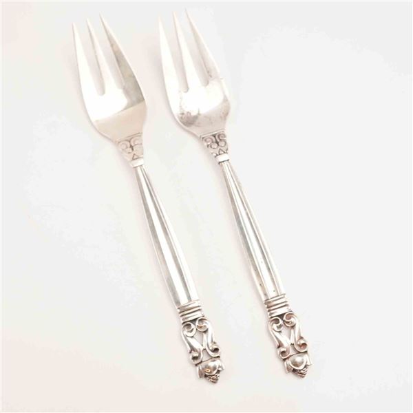 2pc George Jensen Sterling Silver Salad Forks, Acorn