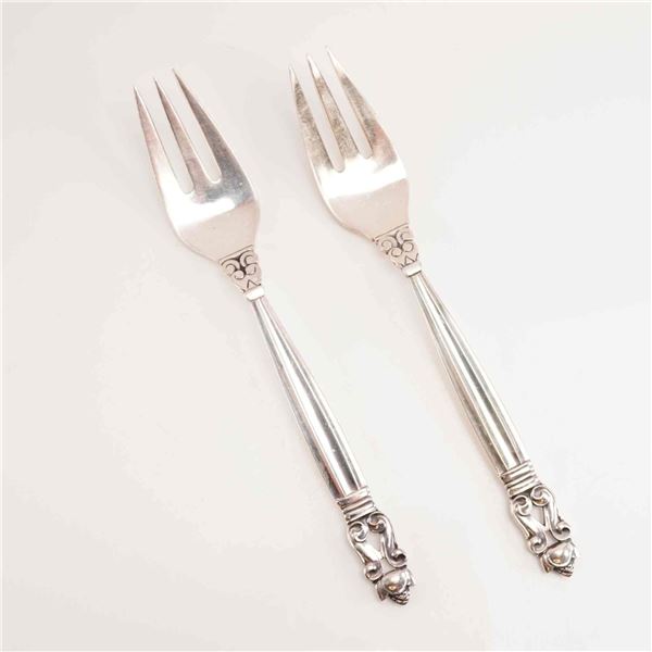 2pc George Jensen Sterling Silver Salad Forks, Acorn