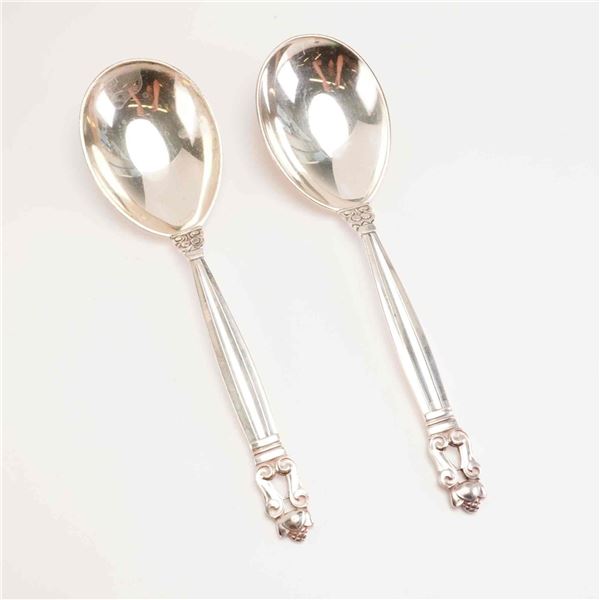 2pc George Jensen Sterling Silver Soup Spoons, Acorn