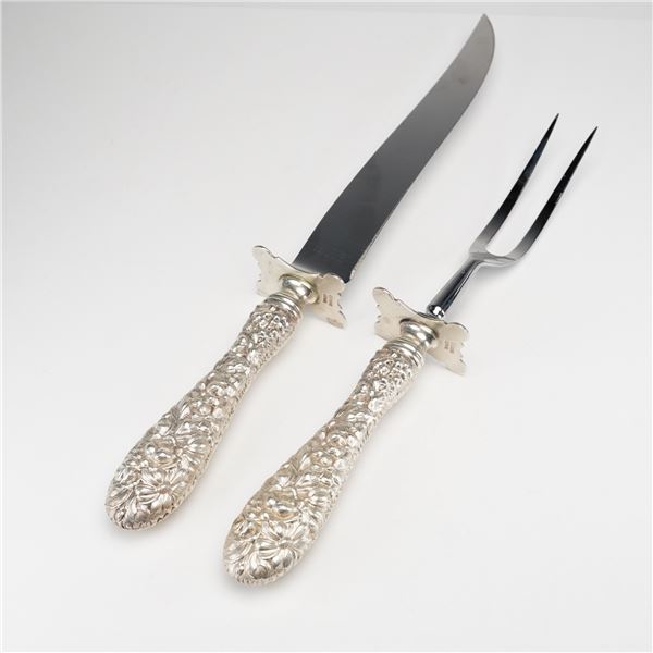 2pc Kirk Stieff Sterling Silver and Stainless Steel Fork and Knife Carving Set, Stieff Rose