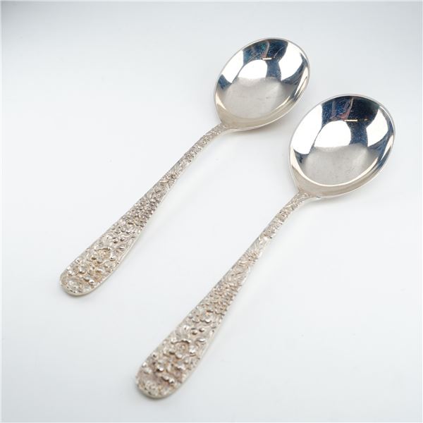 2pc Kirk Stieff Sterling Silver Round Bowl Soup Spoons, Stieff Rose