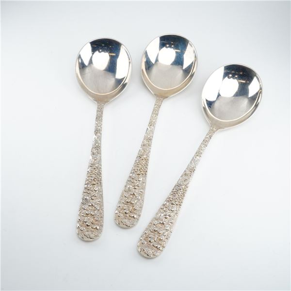 3pc Kirk Stieff Sterling Silver Round Bowl Soup Spoons, Stieff Rose